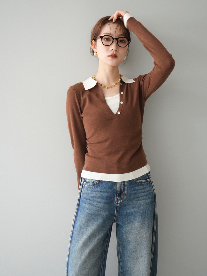 [予約]レイヤード配色ポロニットトップス/brown