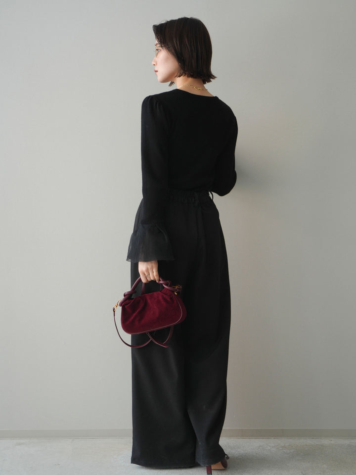 [SET]袖チュールパワショルリブニットトップス+サテンベルトタックワイドパンツ(2set)