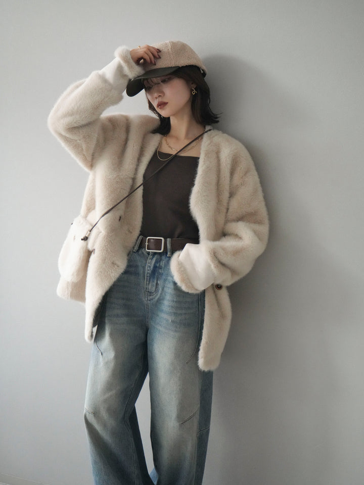 [SET]バッグ付エコファーノーカラーコート+ベルト付カーブデニムパンツ(2set)