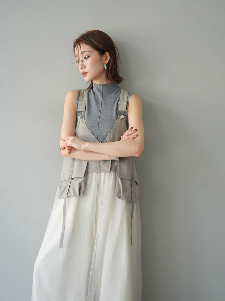 [SET] 戰術背心歐根紗洋裝 + 麻質寬鬆寬褲 (2 件套)