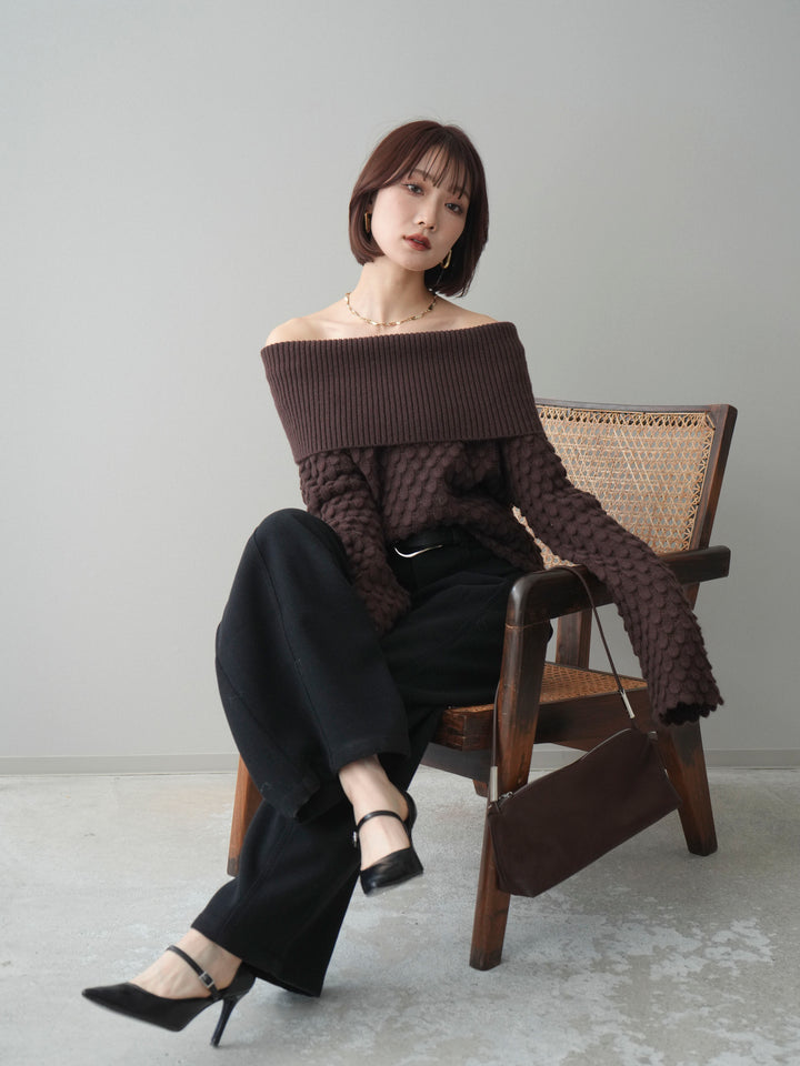 [予約]ポコポコ編みオフショルニットプルオーバー/brown