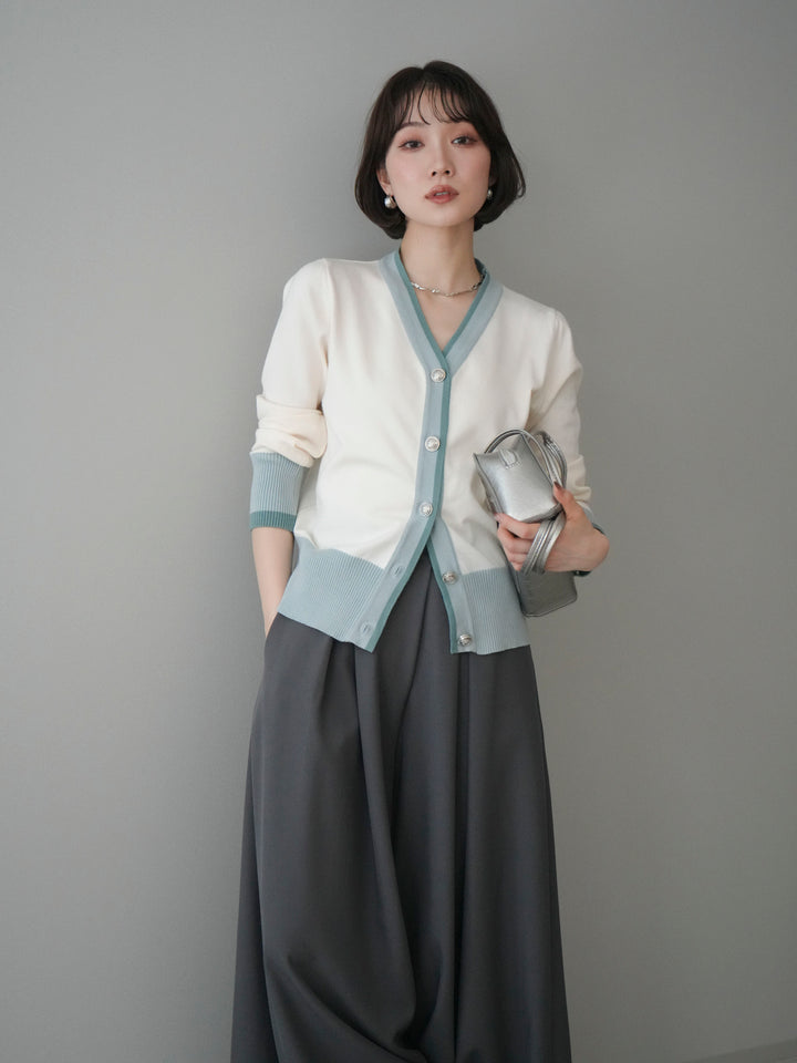 [SET]デザインボタン配色Vネックニットカーディガン+テープベルトタックバギーパンツ(2set)