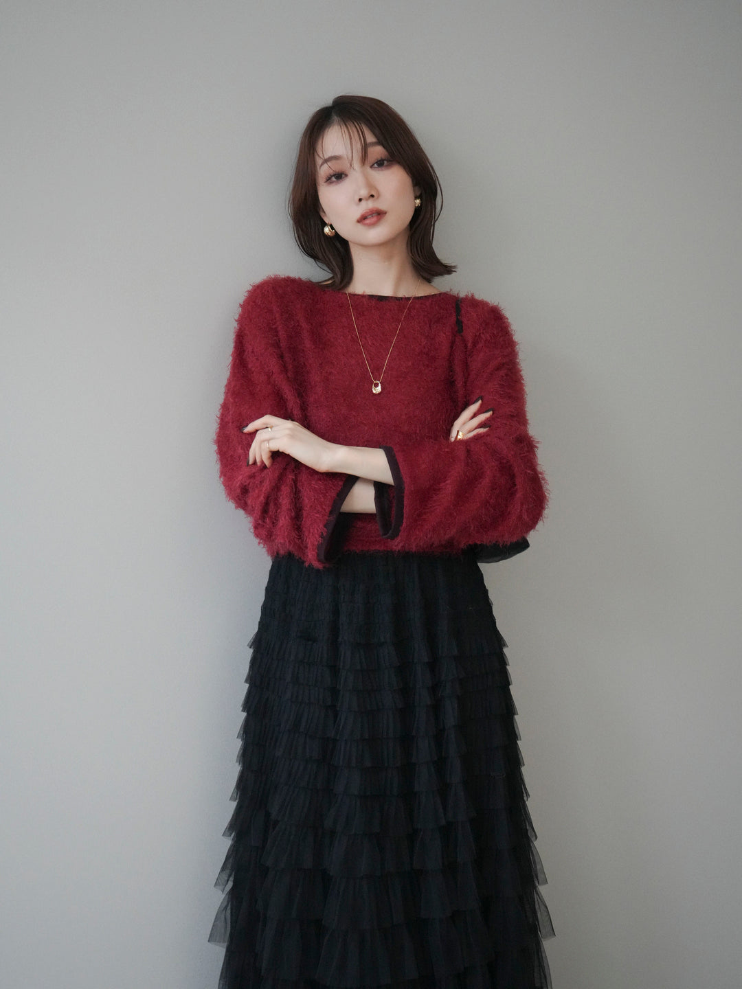 [予約]バイカラー2WAYシャギーニットカーディガン/red