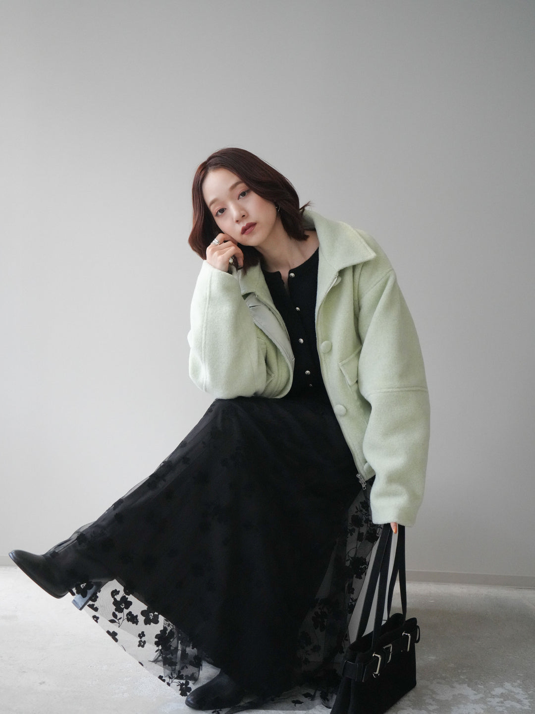 [SET]ウールライクフライトジャケット+アンティークボタンニットカーディガン+フラワーフロッキーチュールプリーツスカート(3set)