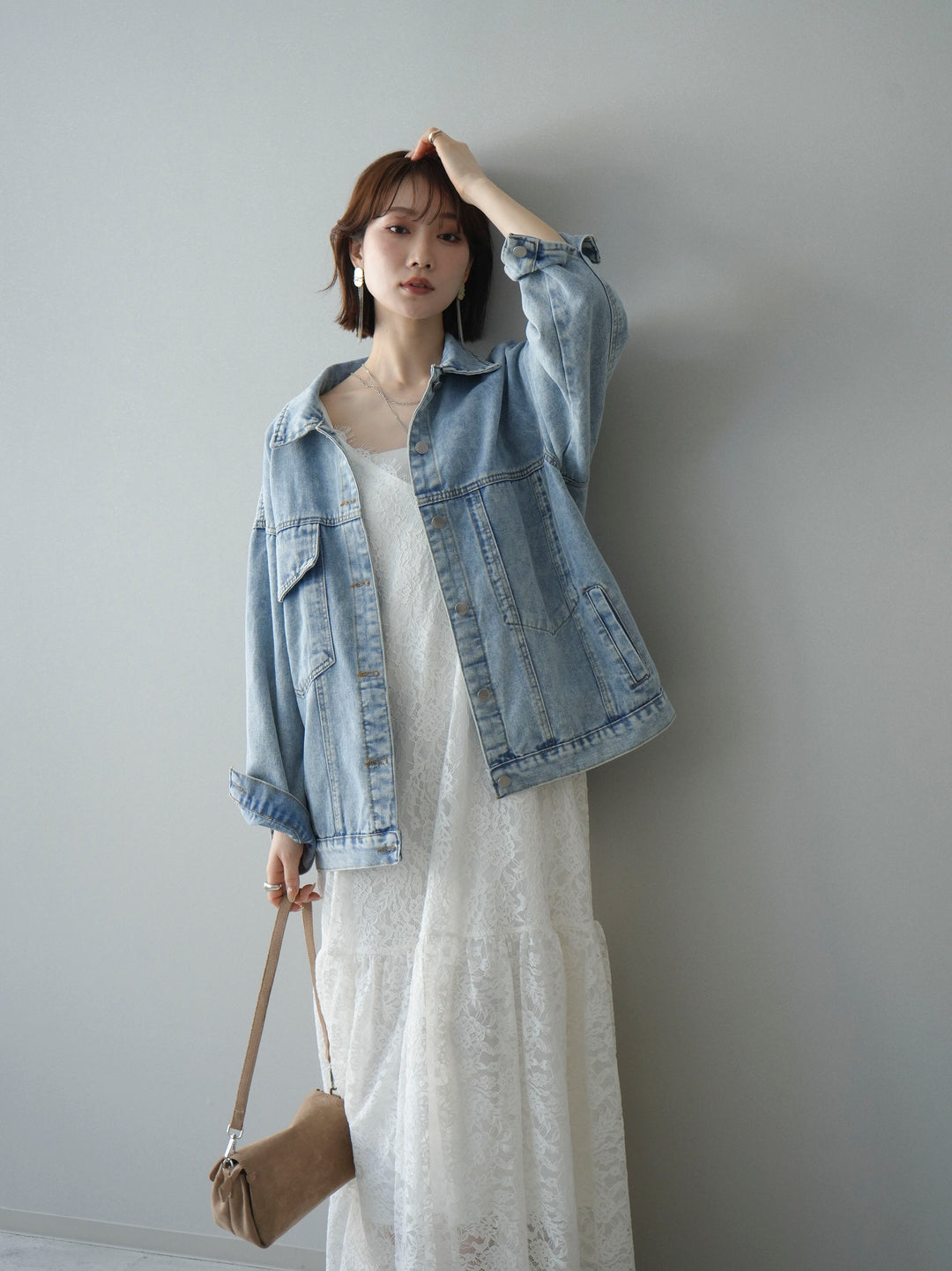 [予約]ギャザー切替レースキャミワンピース/white