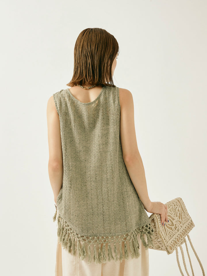 [予約]フリンジ透かし編みニットベスト/カーキ