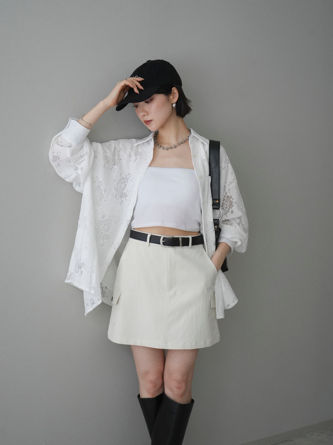 【套裝】提花蕾絲罩衫+繫帶工裝迷你裙（兩件套）