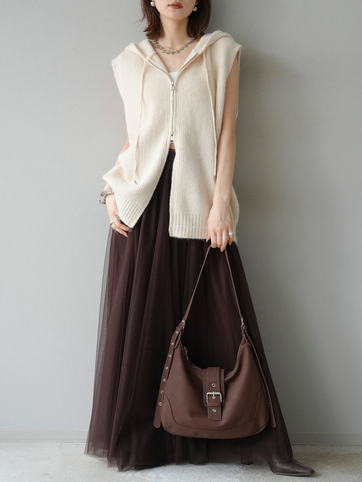 【預購】無袖針織連帽衫/象牙白