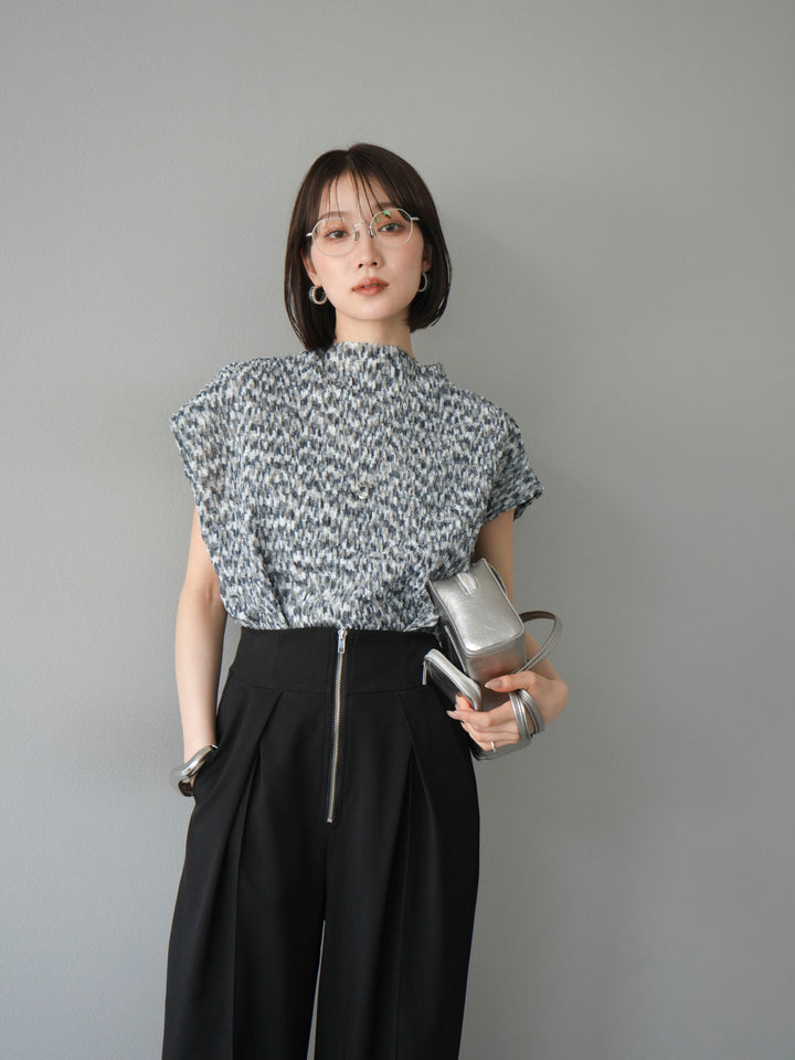 [SET] 多色隨機百褶法式上衣+拉鍊褶襉寬褲（2件套）