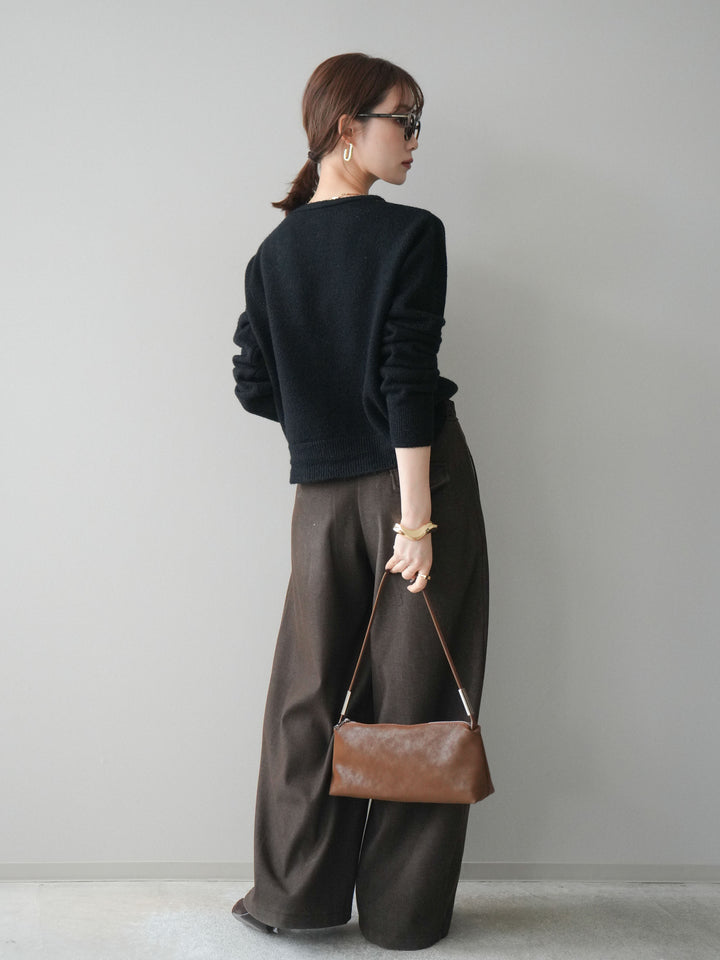 [SET]アンティークボタンニットカーディガン+アニマル柄ベルト付きウールタッチワイドパンツ(2set)