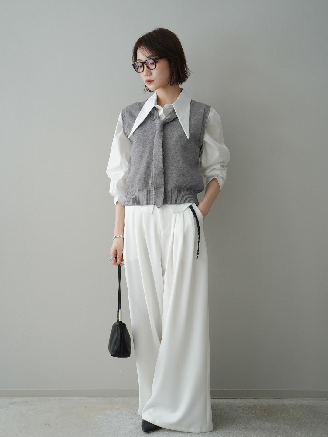 [予約]編み込みベルト付タックワイドパンツ/white