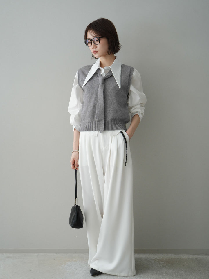 [予約]編み込みベルト付タックワイドパンツ/white