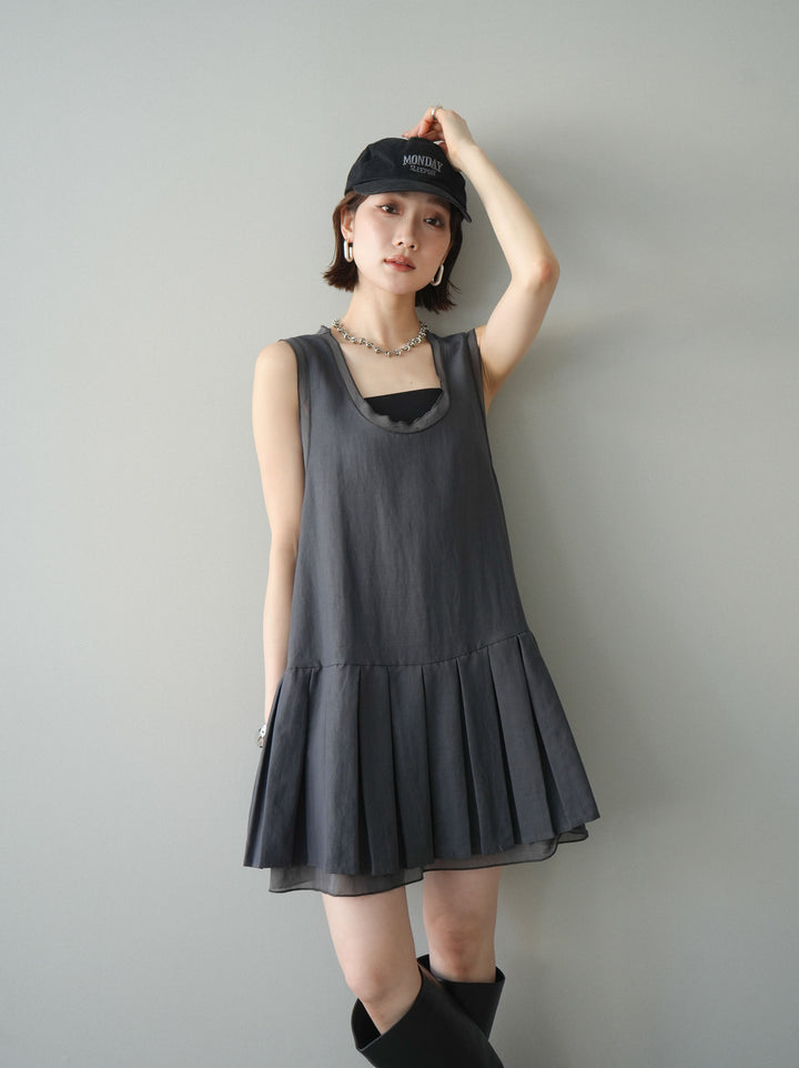 [予約]チュールドッキング裾プリーツミニワンピース/charcoal