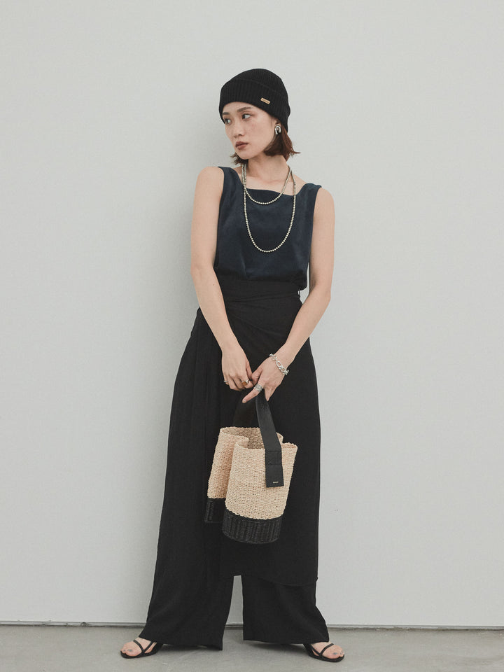 [予約]ワッシャーサテンレイヤードスカートパンツ/ブラック