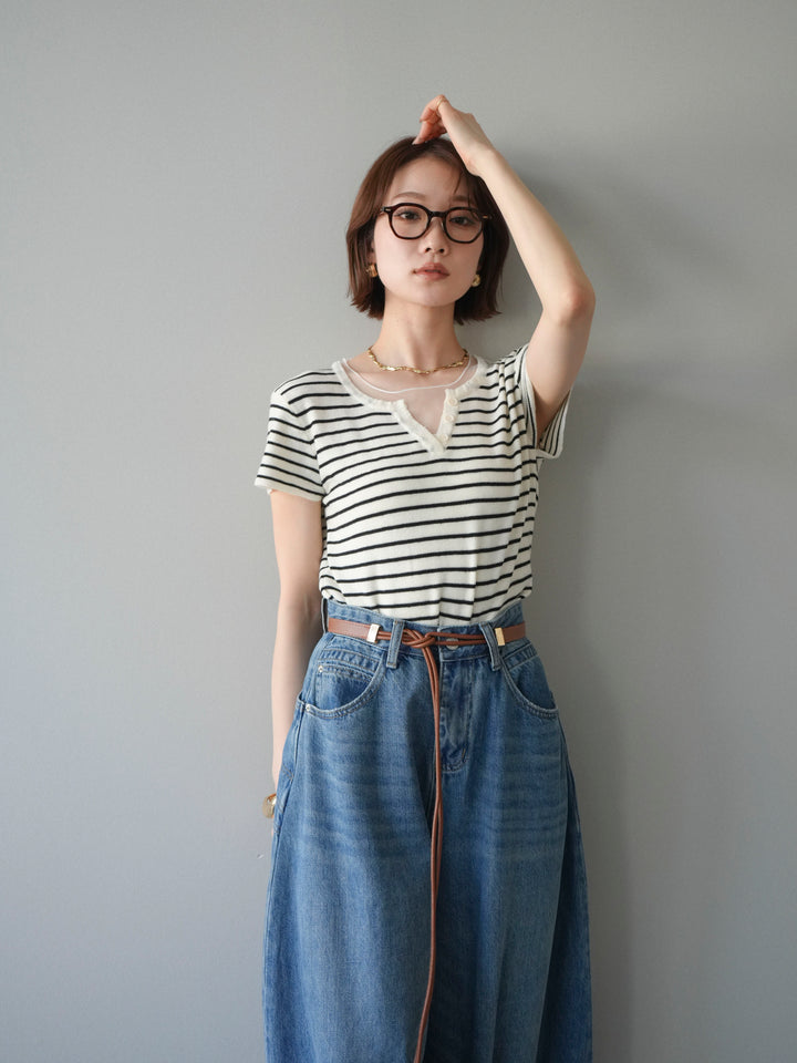 [予約]チュールレイヤードボーダーサマーニット/white