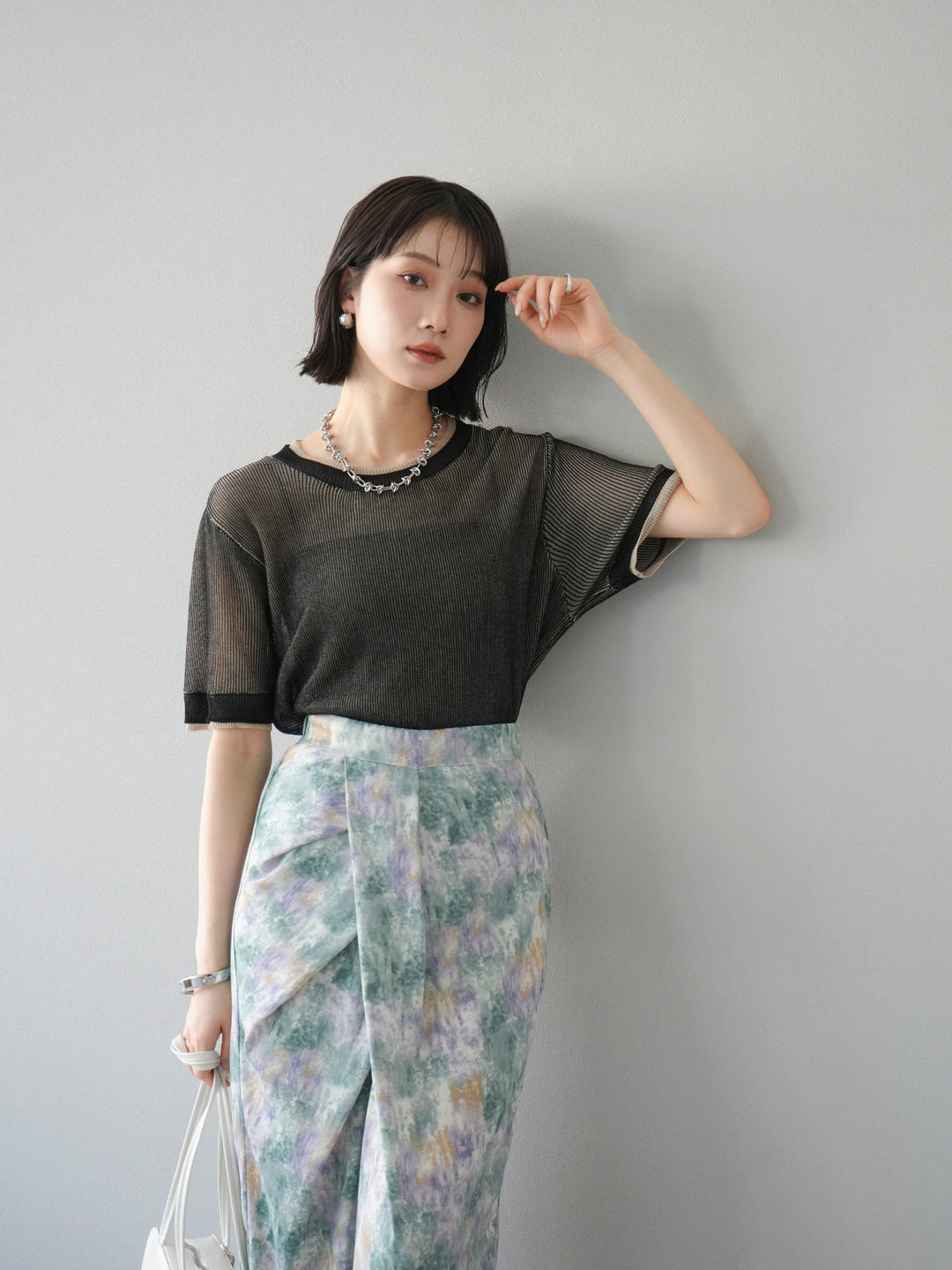 [SET]リネンタッチ配色二重臼ハーフニットトップス+選べるアソート柄スカートセット(2set)