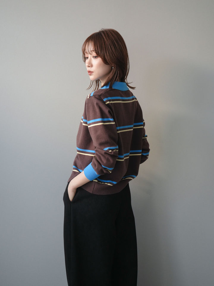 [予約]配色マルチボーダーポロニットカーディガン/brown
