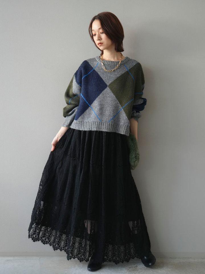 [SET]配色ステッチアーガイル柄ニットプルオーバー+ヴィンテージライクメッシュレーススカート(2set)