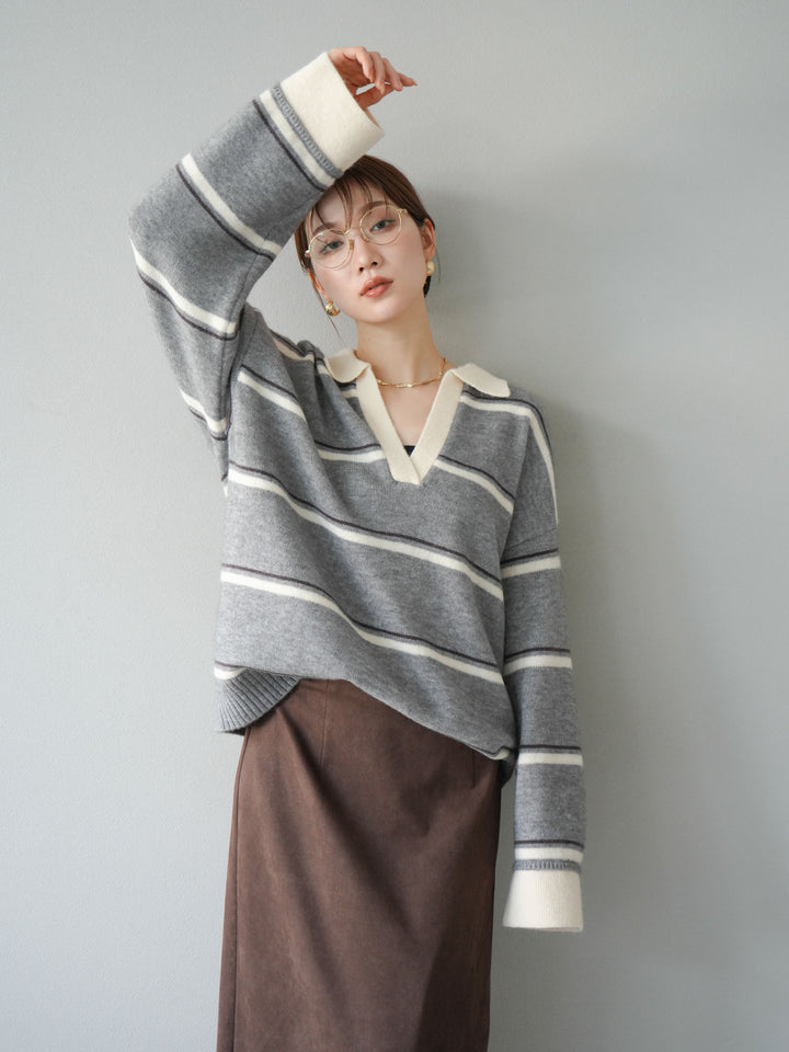 [SET]ポロ襟スキッパーボーダーニットプルオーバー+スウェードIラインスカート(2set)