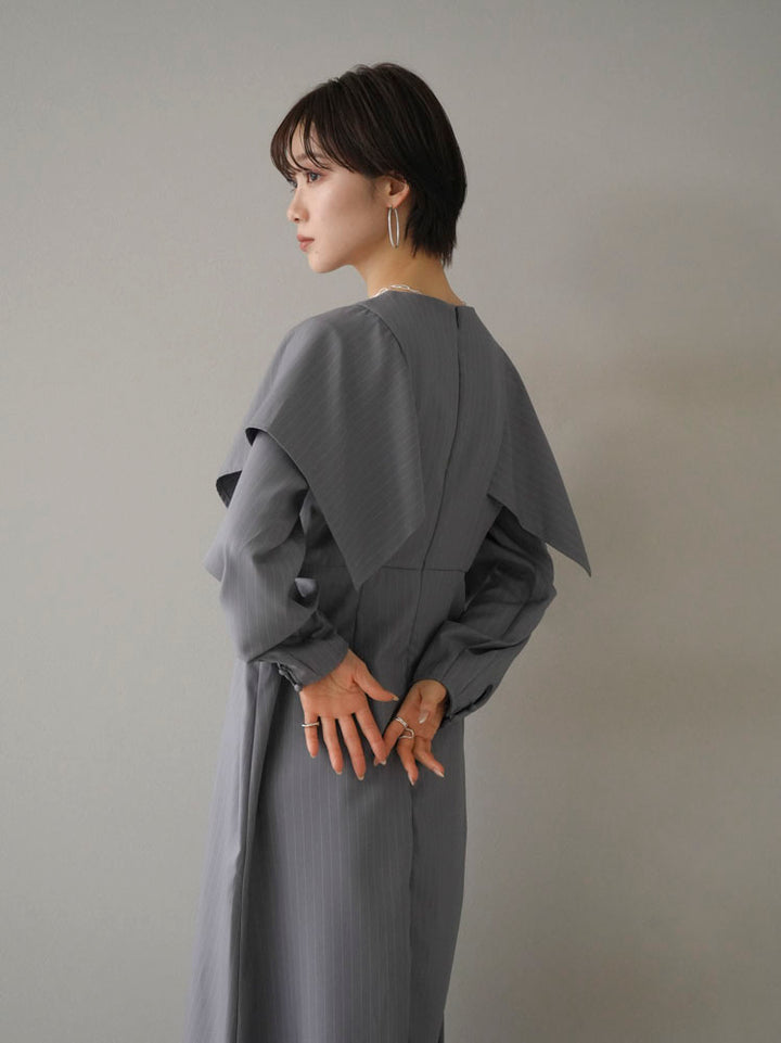 [Pre-order] Pinstripe Cape Design Dress/Gray