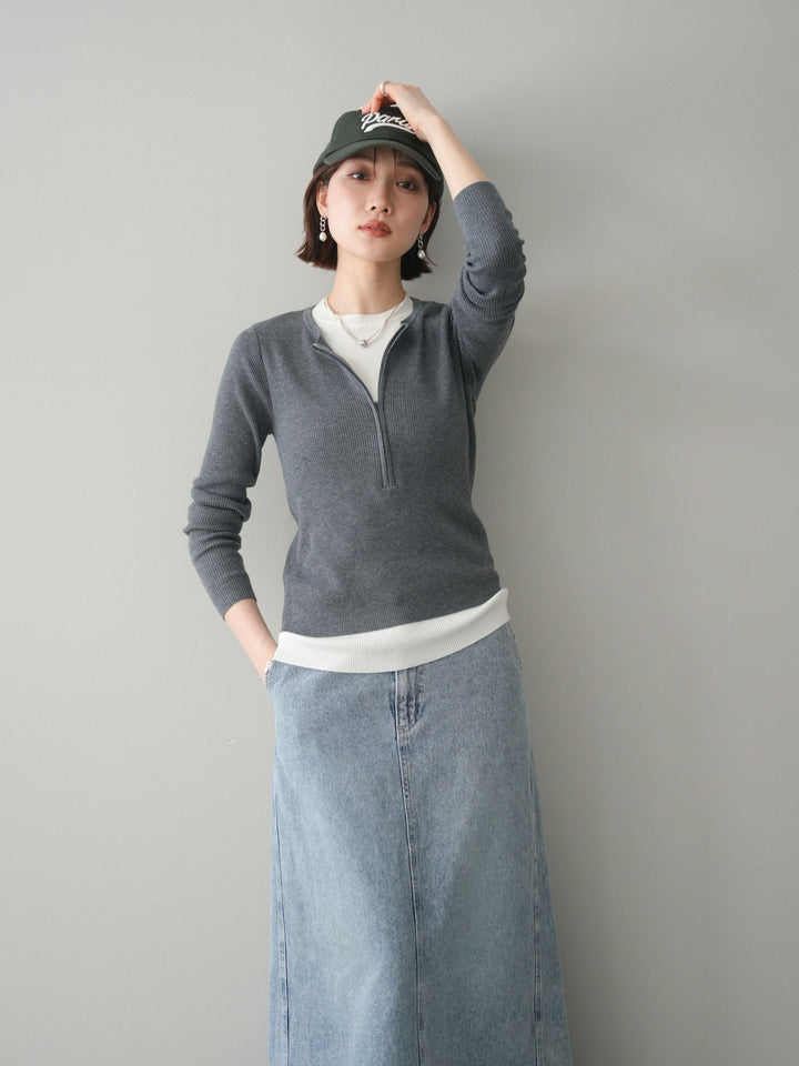 [予約]フロントジップ配色レイヤードニットトップス/gray