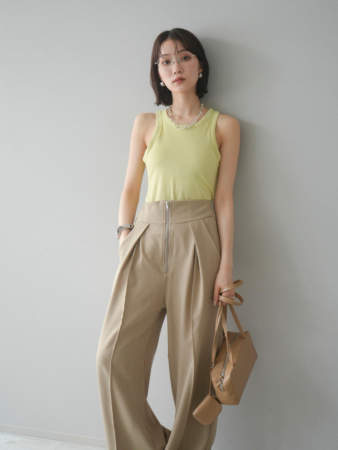 [予約]カップ付きラメアメスリブラトップ/イエロー