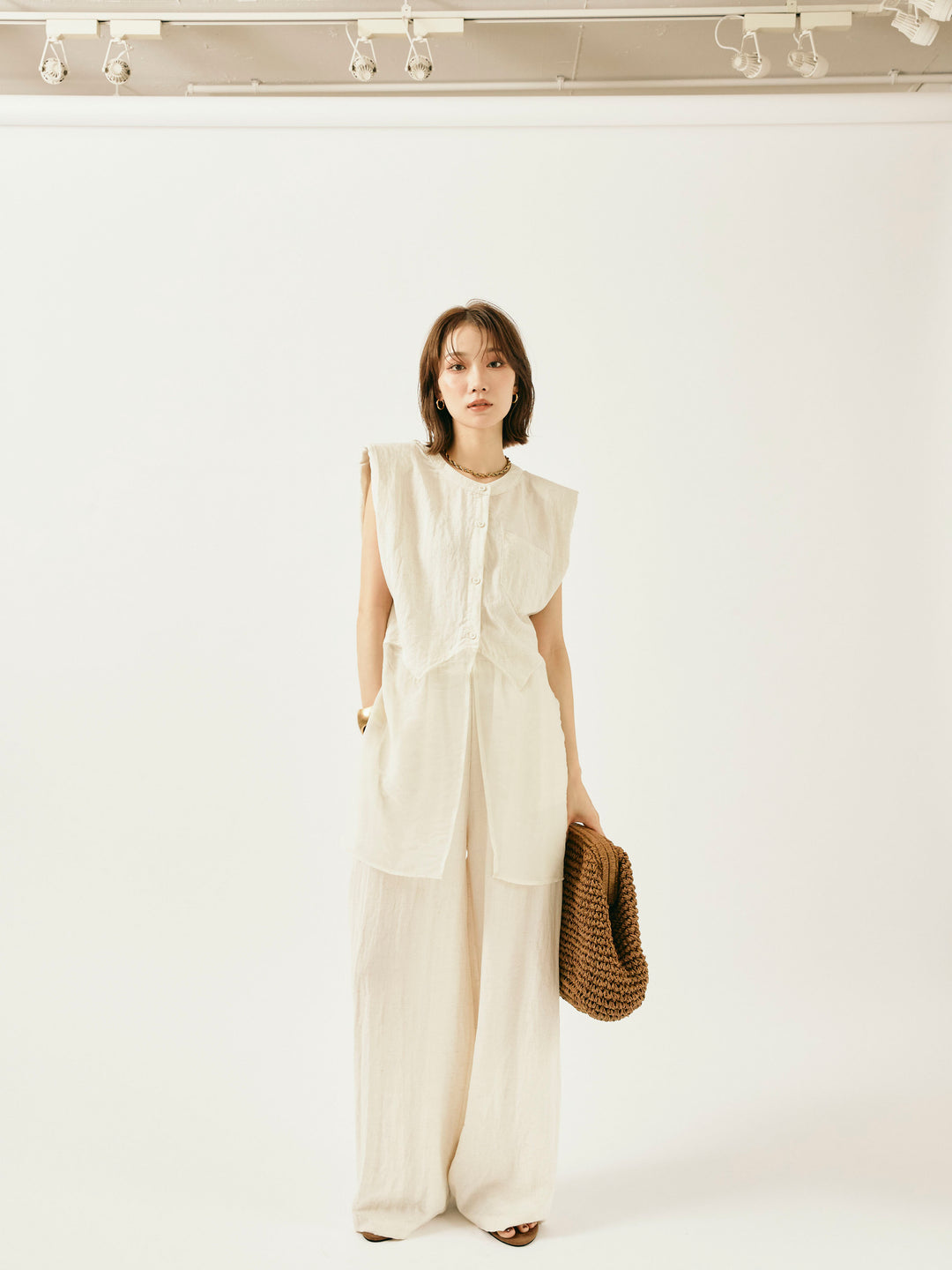 [SET]オーガンジーヘムブラウス＆ワイドパンツSET UP(2set)