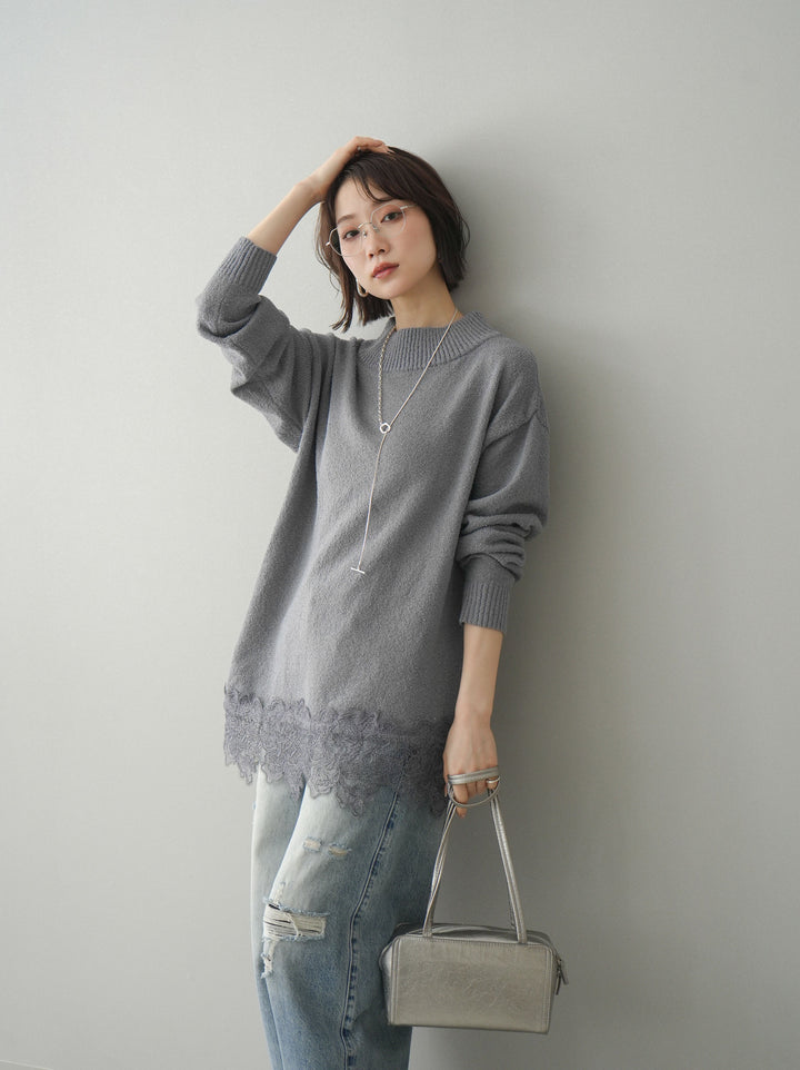 [SET]アシンメトリーレースヘムニットプルオーバー+アシンメトリーレースヘムニットプルオーバー(2set)