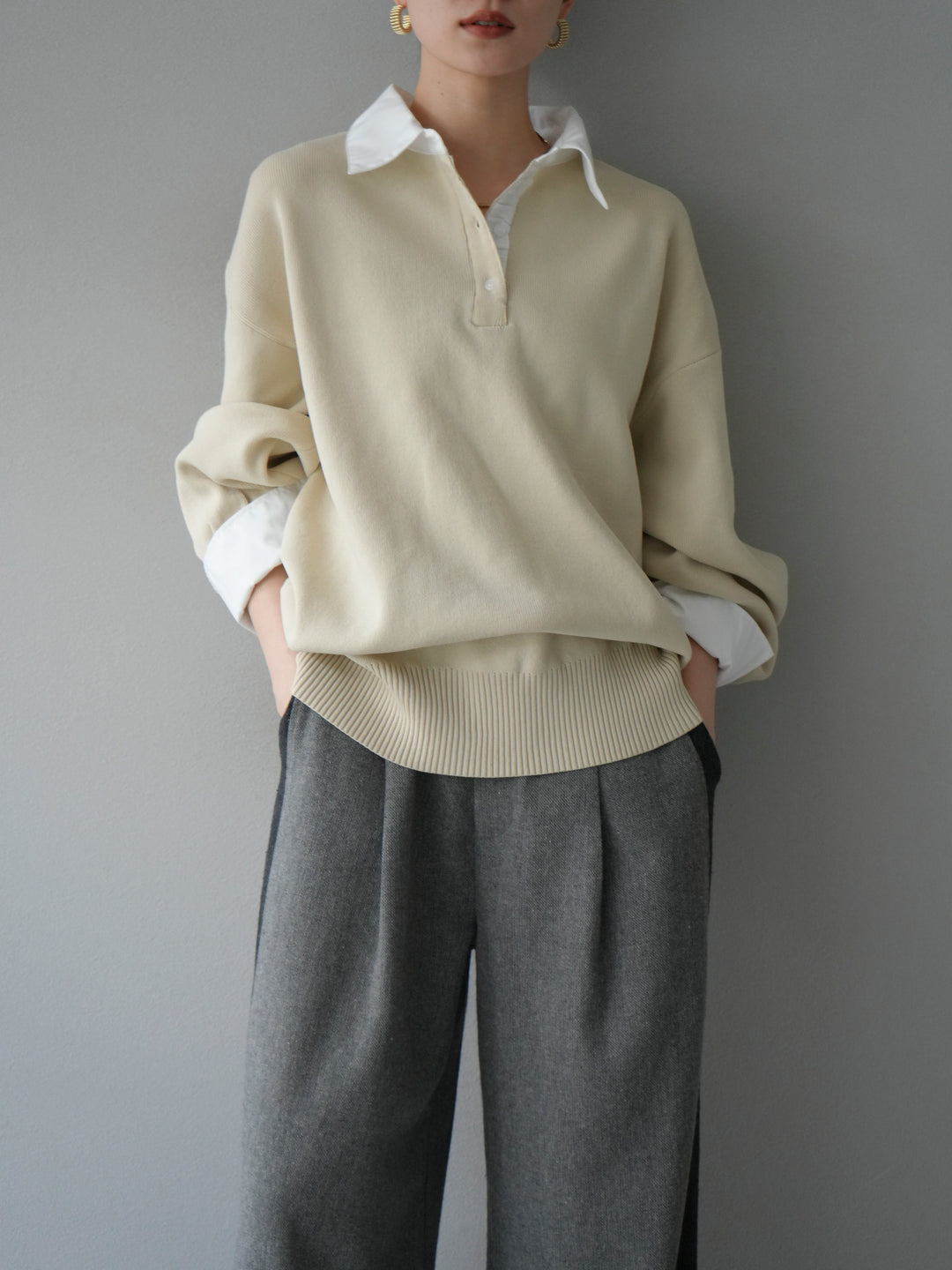 [預購] 領口Polo針織套衫/象牙白