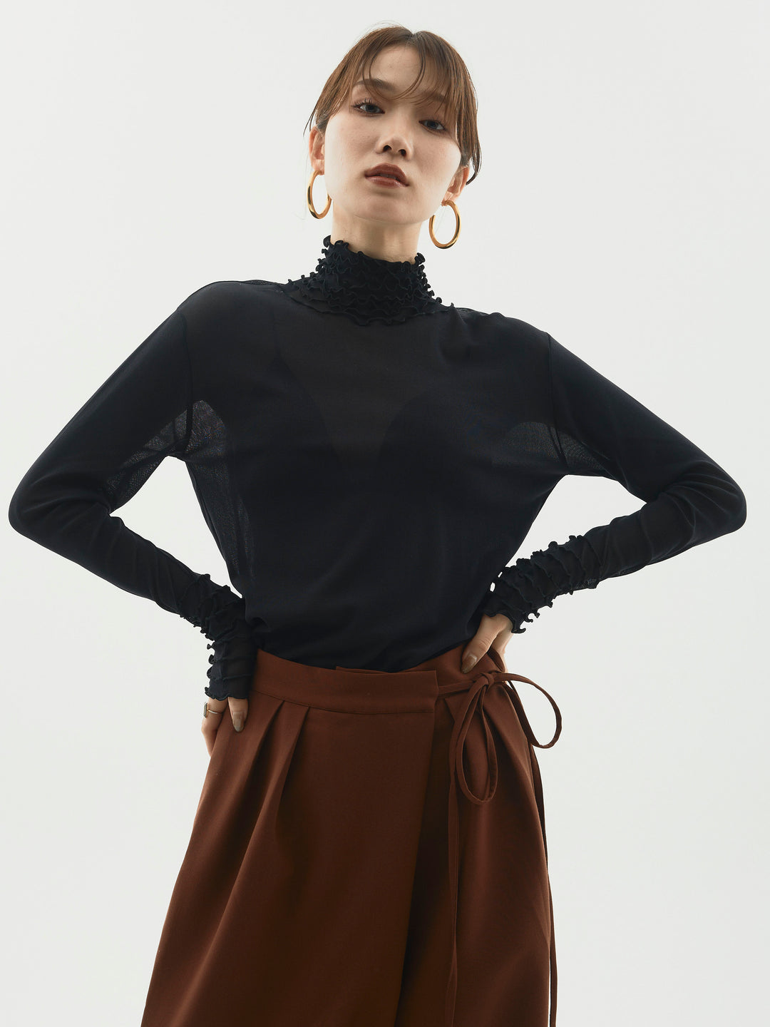 【Allure】[SET]シアーフリルメロートップス+ラップデザインタックワイドパンツ(2set)