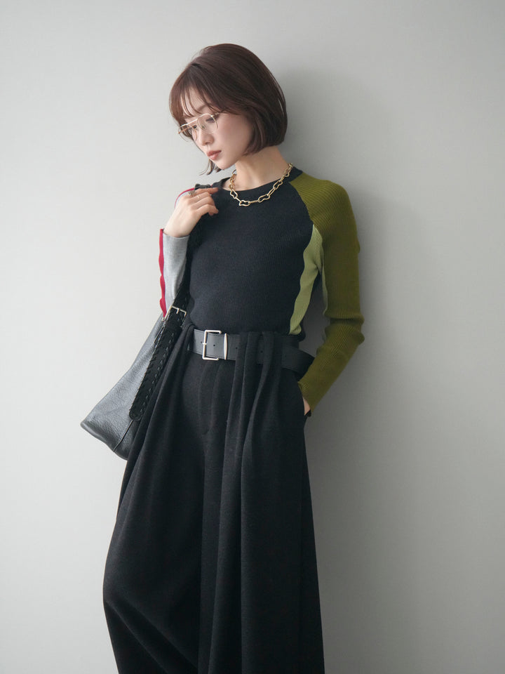 [SET]バイカラーラグランニットトップス+ベルトデザインループウールワイドパンツ(ベルト付)(2set)