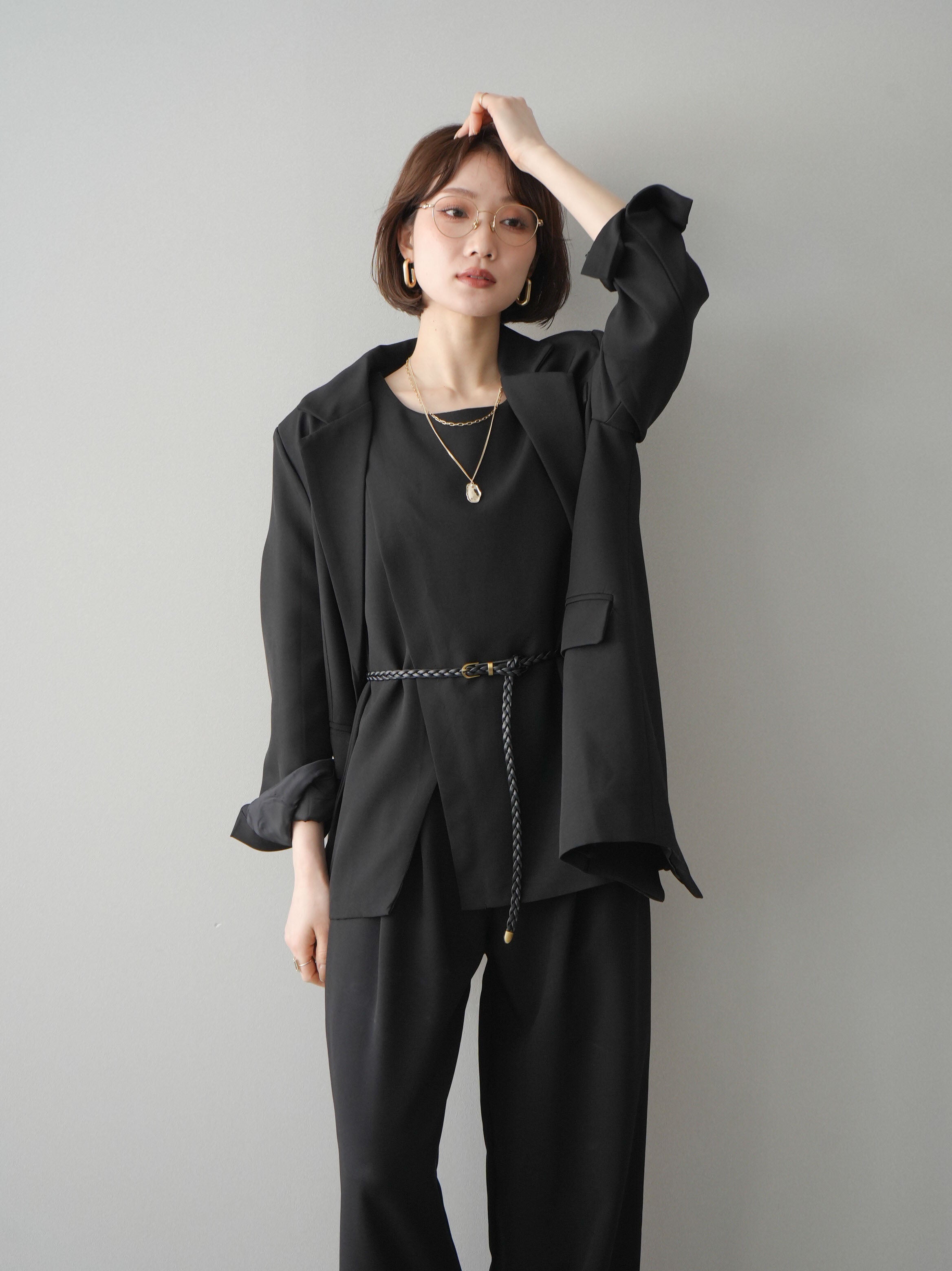 SET]ベルト付ノースリーブトップス＆ワイドパンツSETUP+バックスリット