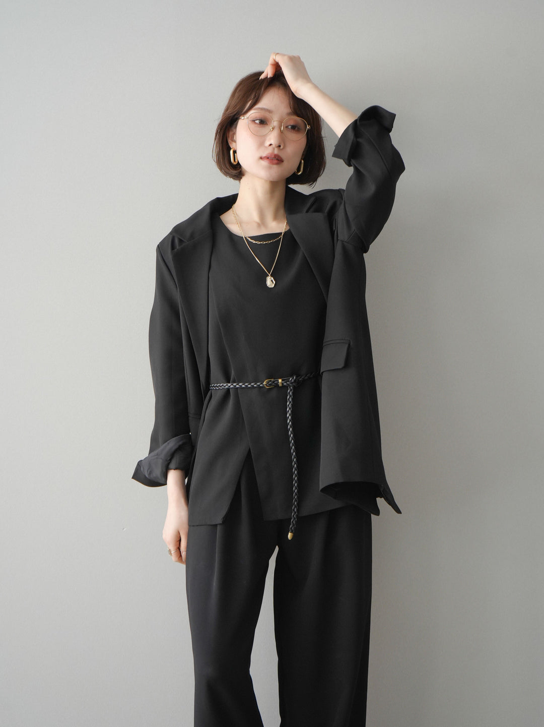 [SET]ベルト付ノースリーブトップス＆ワイドパンツSETUP+バックスリットデザインジャケット(2set)