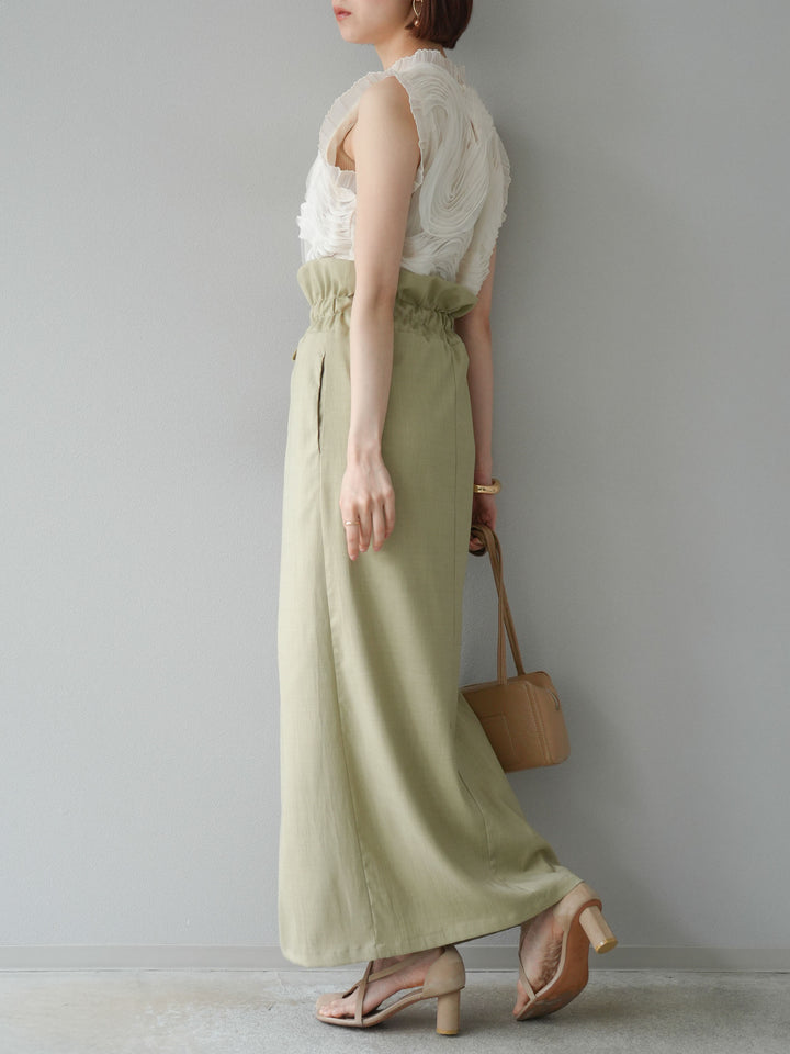 [SET]チュールジャガードノースリブラウス+ヘザーエステルギャザージップスカート(2set)