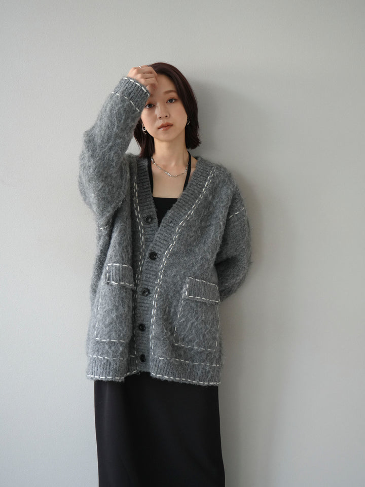 [予約]ステッチVネックニットカーディガン/グレー
