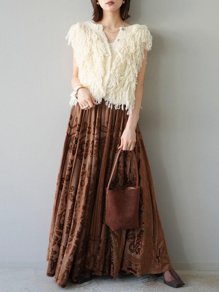 [SET]フリンジループニットベスト+アンティーク柄フロッキーマキシスカート(2set)