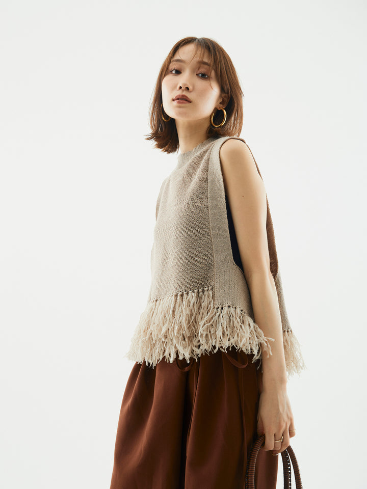 【Allure】[SET]フェザーヤーンニットベスト+ラップデザインタックワイドパンツ(2set)