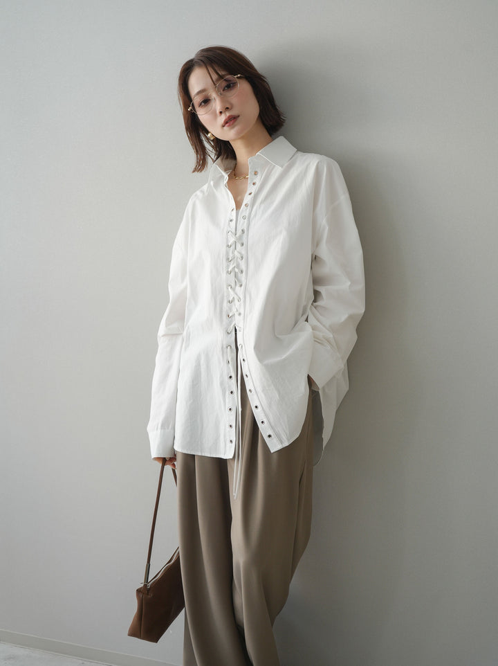 [SET]レースアップブロードシャツ+ベルト付キーホルダーモチーフワイドパンツ(2set)