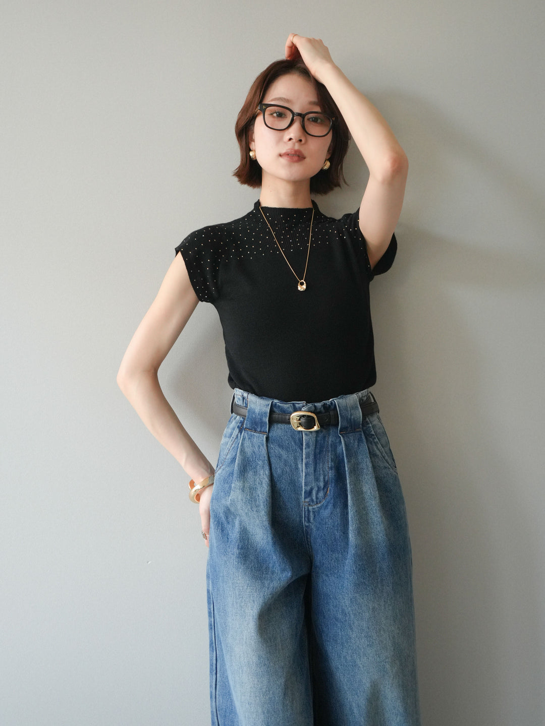 [SET]ビジューシアーフレンチニット+選べるアクセセット(2set)