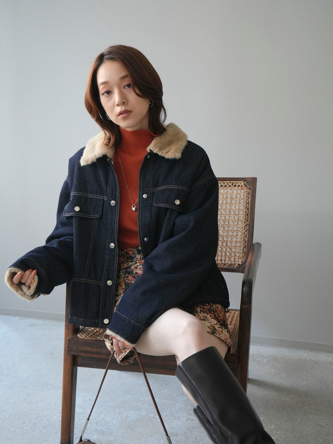 [予約]デニム×ファーステンカラーショートジャケット/indigo