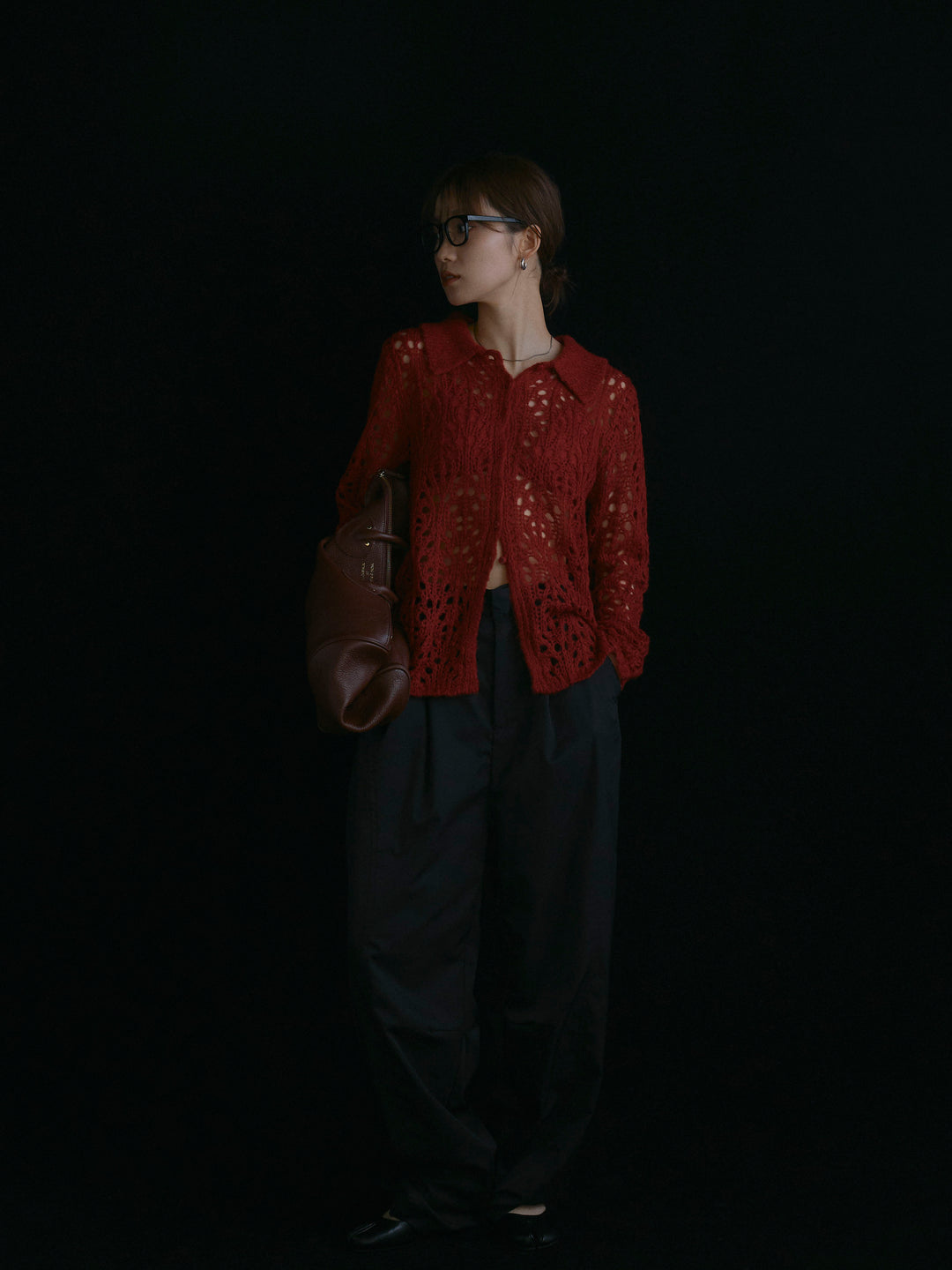 【Allure】[SET]ローゲージ透かし編みポロニッカーディガン+タフタワイドカーブパンツ(2set)