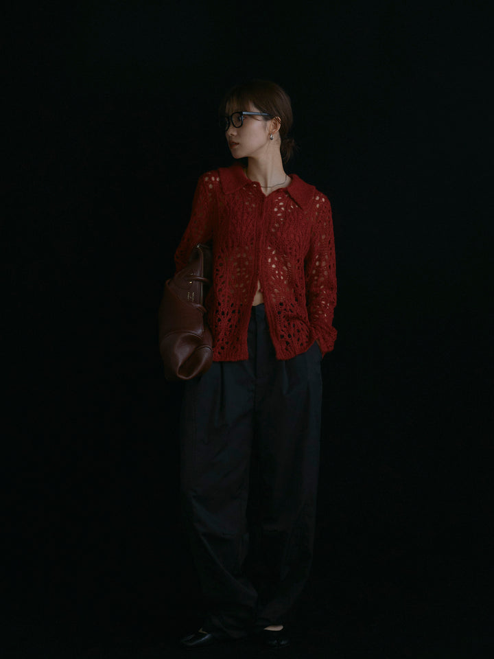 【Allure】[SET]ローゲージ透かし編みポロニッカーディガン+タフタワイドカーブパンツ(2set)