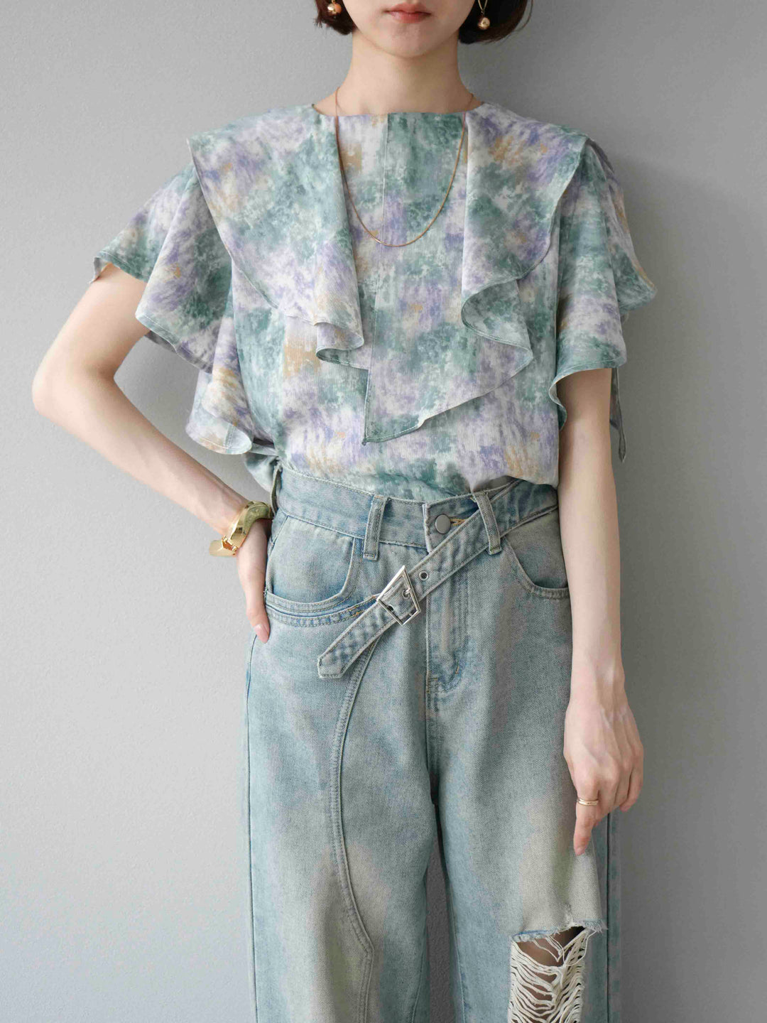 [予約]水彩アートラッフルカラーブラウス/グリーン