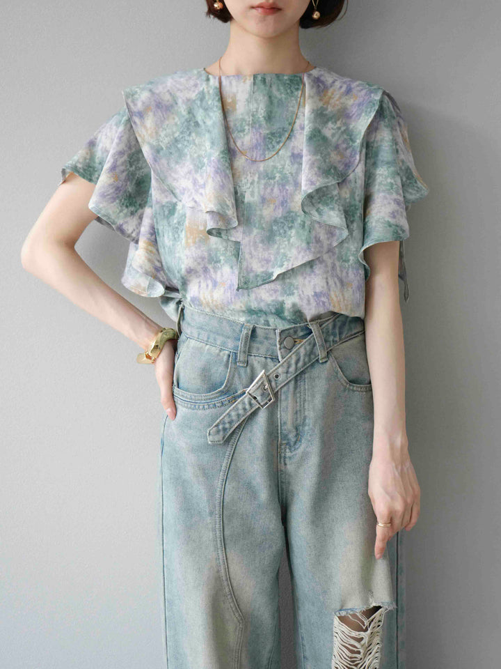 [予約]水彩アートラッフルカラーブラウス/グリーン