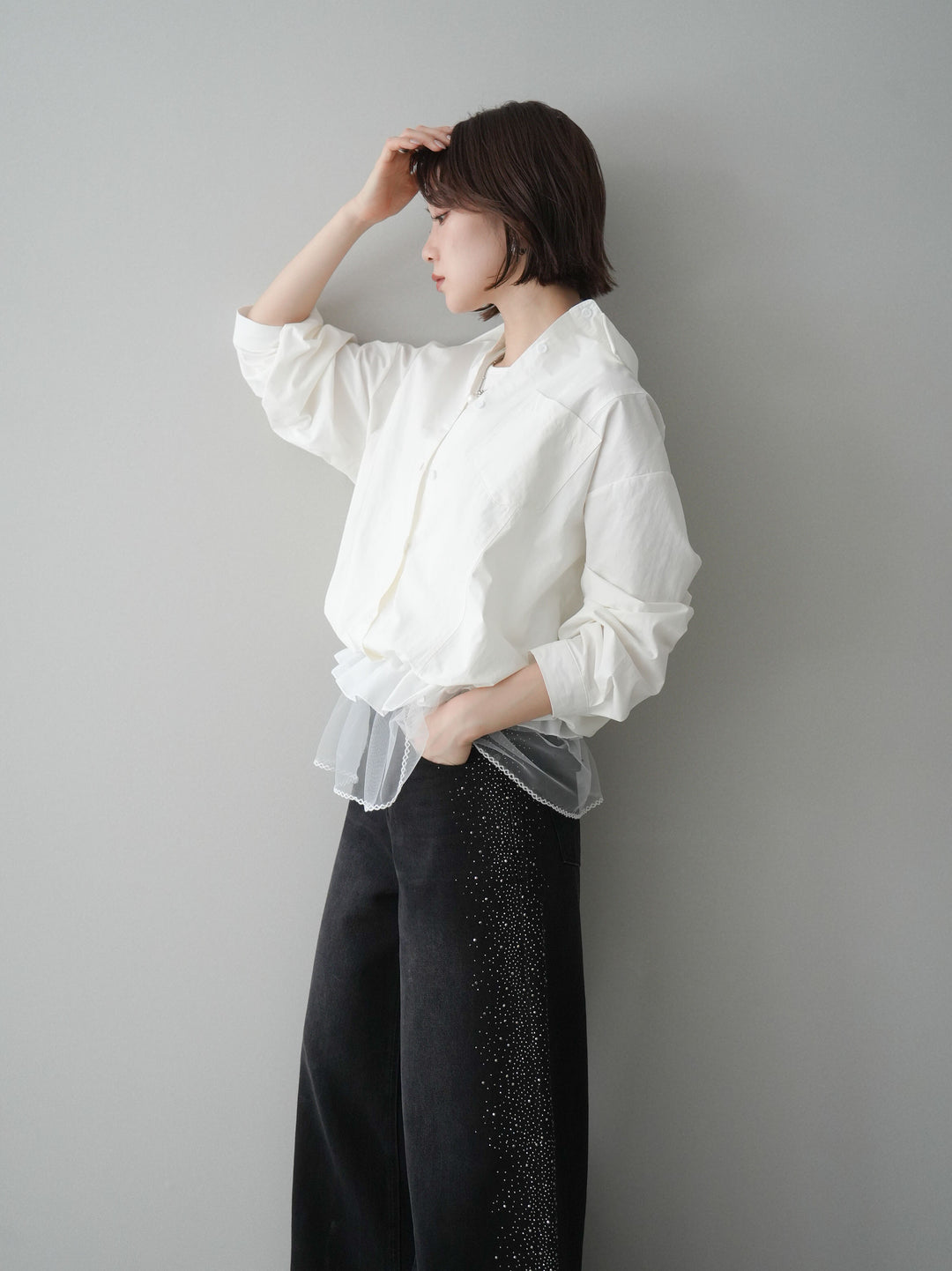 [予約]裾チュールノースリーブカットソー＆シャツドッキングトップス/white