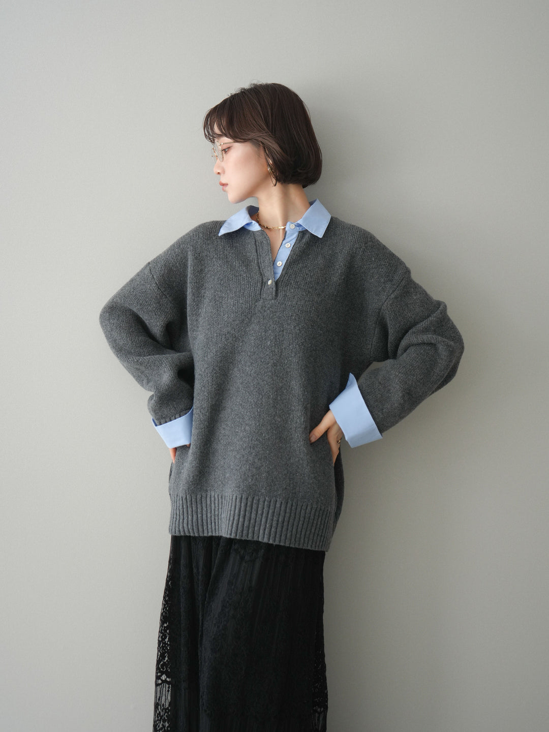 [予約]シャツドッキングオーバーニットプルオーバー/charcoalsax
