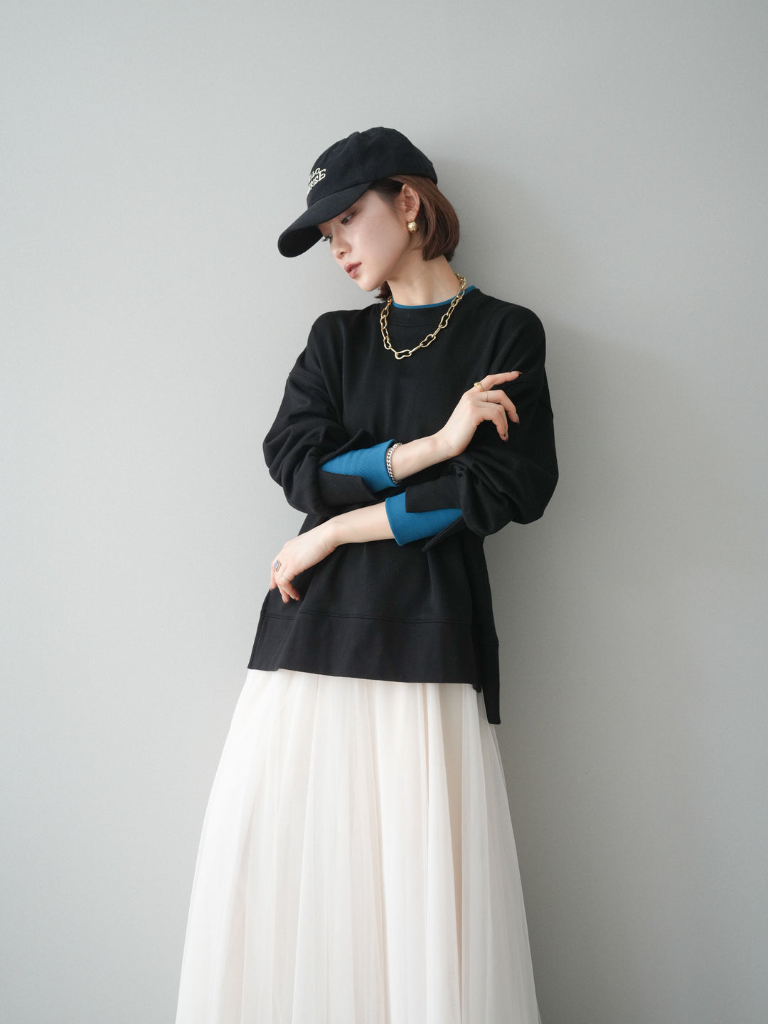 [SET]配色レイヤードデザインスエットプルオーバー+チュールボリュームスカート(2set)