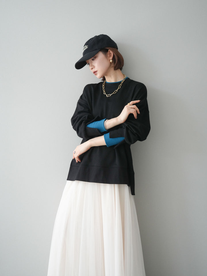 [SET]配色レイヤードデザインスエットプルオーバー+チュールボリュームスカート(2set)