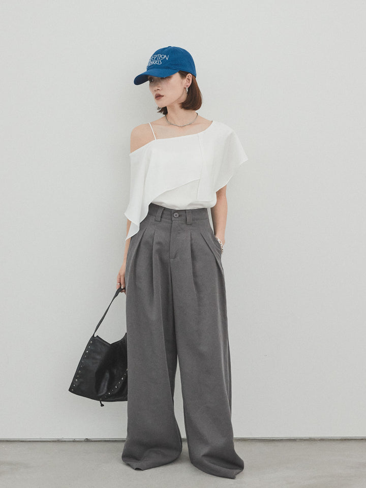 [SET]ワンショルラッフルブラウス+リネンタッチタックワイドパンツ (2set)
