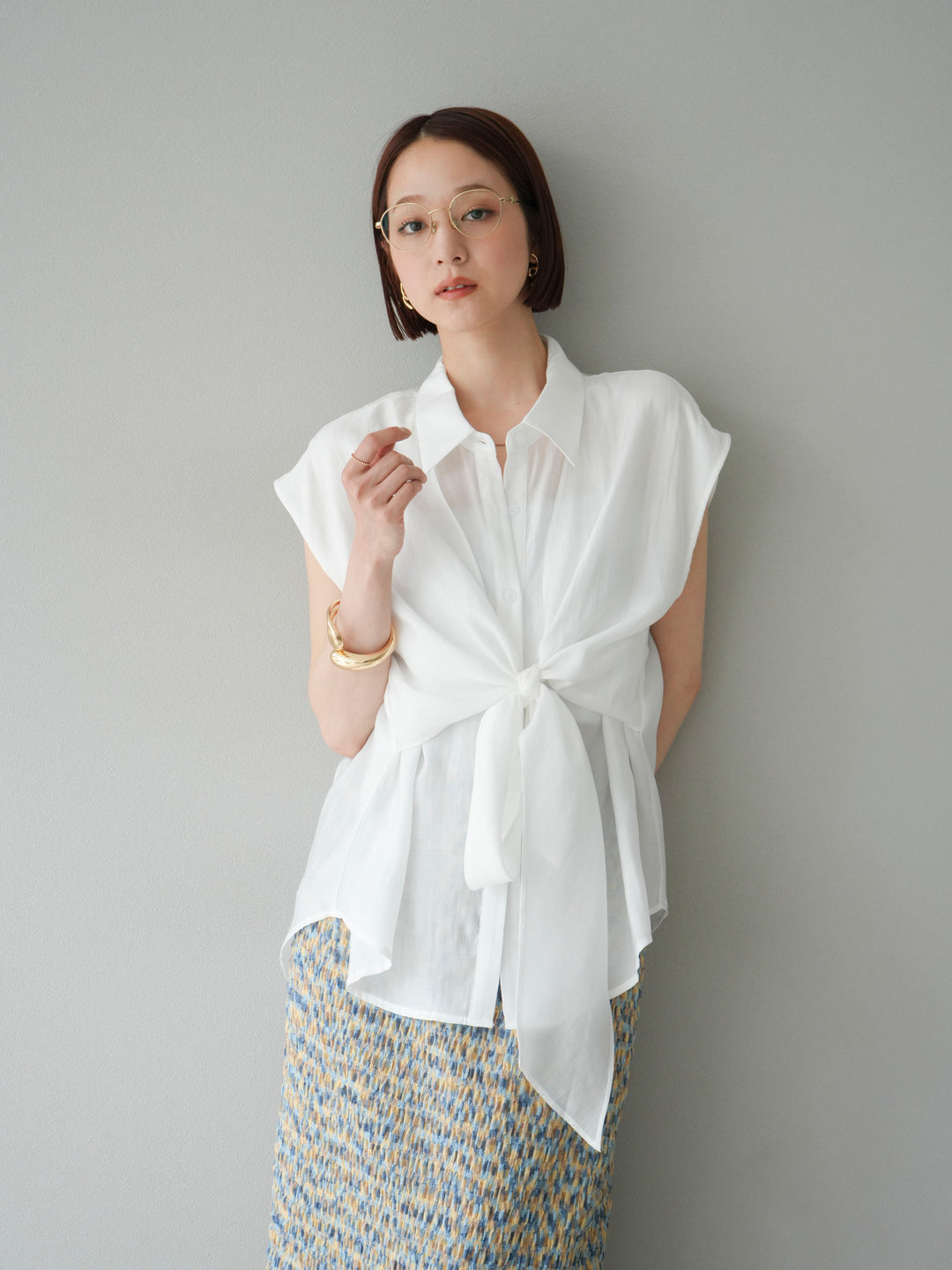 [SET]フロントタイシアーブラウス+マルチカラーランダムプリーツタイトスカート(2set)